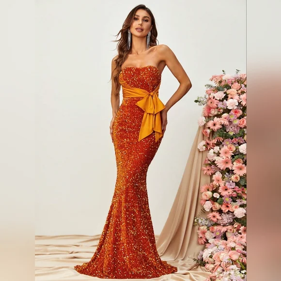 knee length dresses for ladies Burnt Orange Mermaid Strapless Dress main image 1